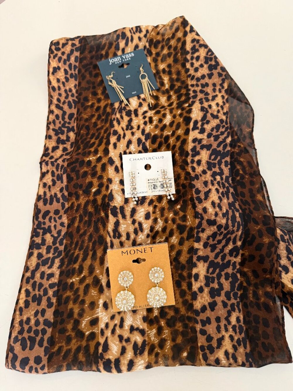 Jones New York Leopard Print Scarf 3 Pairs Gold Tone Earrings Bundle